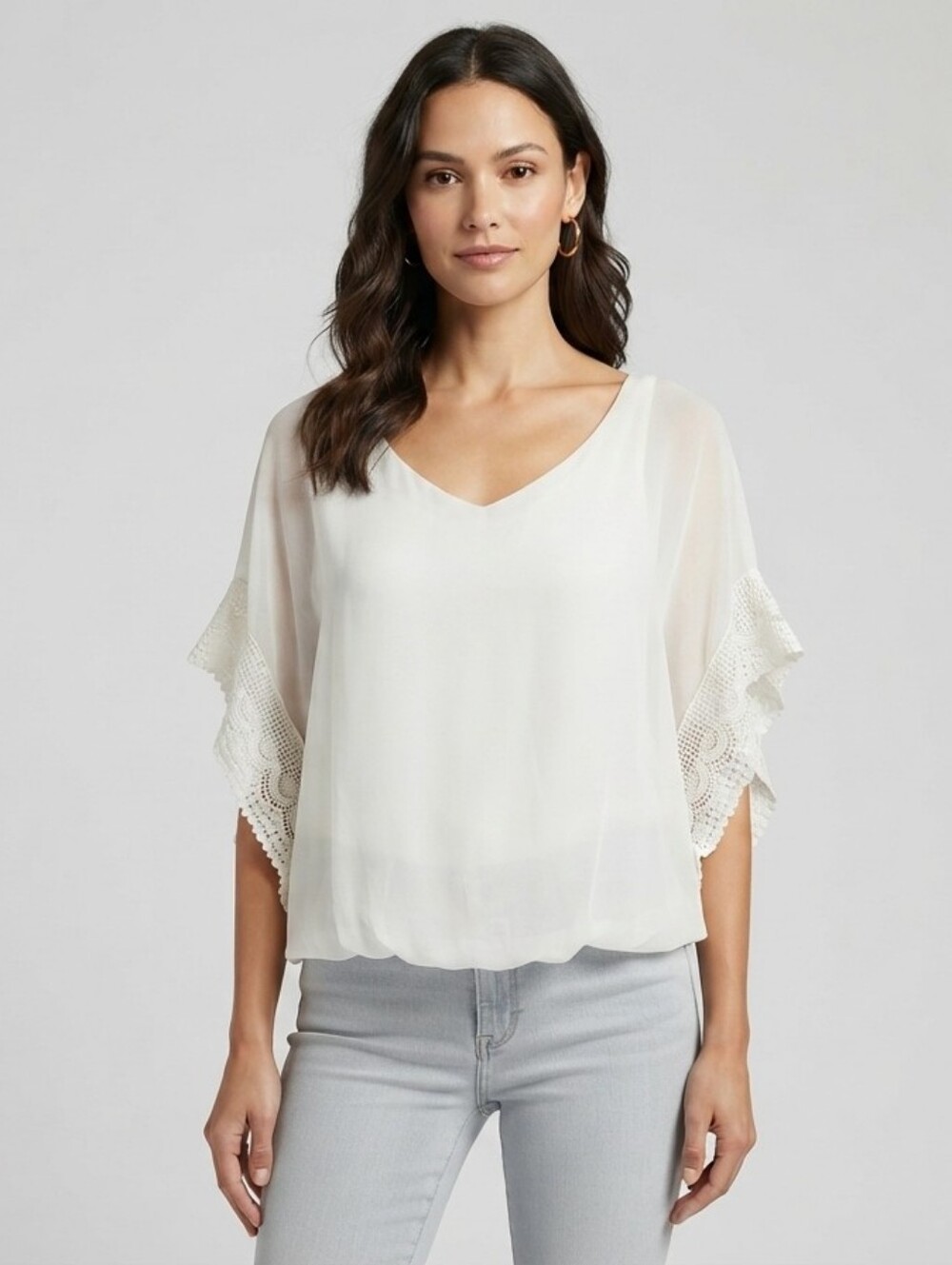 BCX Size L White Crochet-Sleeve Blouse